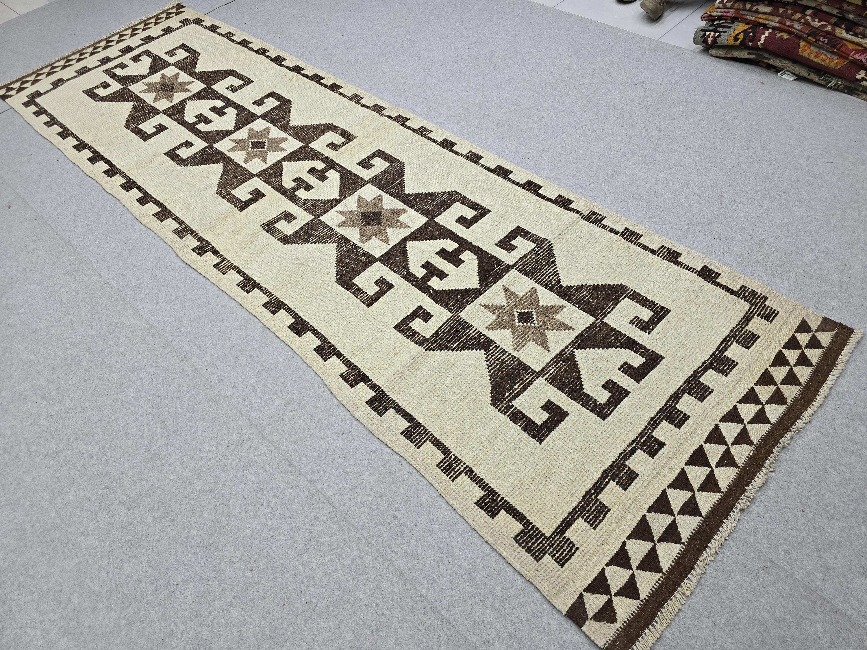 Vintage Rug Runner 4x12, Cream Brown Tribal Wool Hallway Carpet, Herki Turkish Runner, Hand Knotted Geometric Star Motif