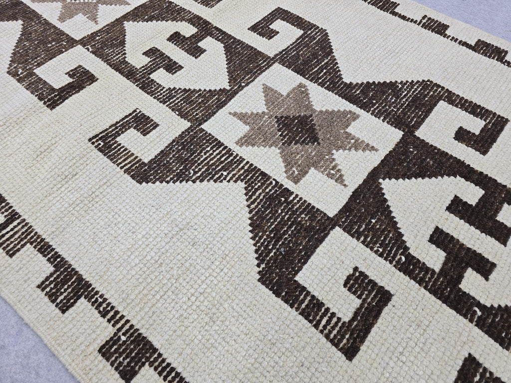 Vintage Rug Runner 4x12, Cream Brown Tribal Wool Hallway Carpet, Herki Turkish Runner, Hand Knotted Geometric Star Motif