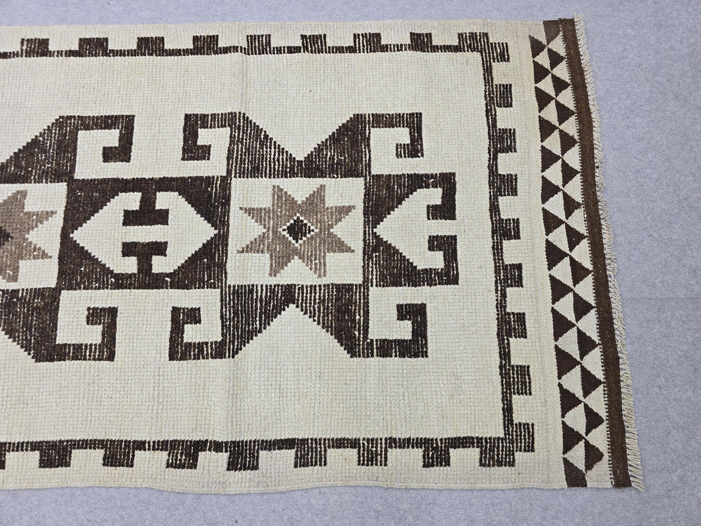 Vintage Rug Runner 4x12, Cream Brown Tribal Wool Hallway Carpet, Herki Turkish Runner, Hand Knotted Geometric Star Motif