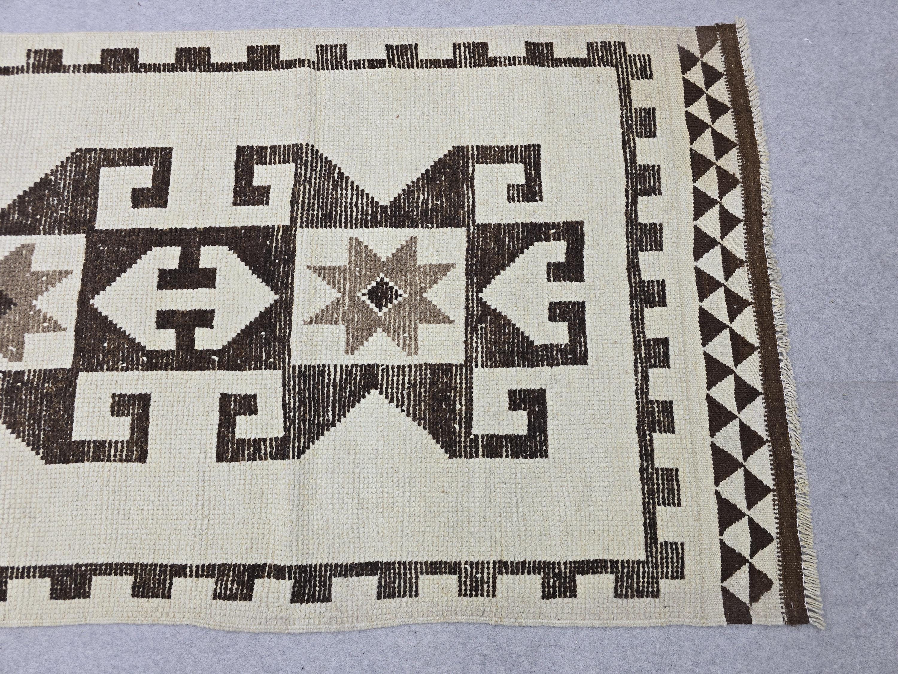 Vintage Rug Runner 4x12, Cream Brown Tribal Wool Hallway Carpet, Herki Turkish Runner, Hand Knotted Geometric Star Motif