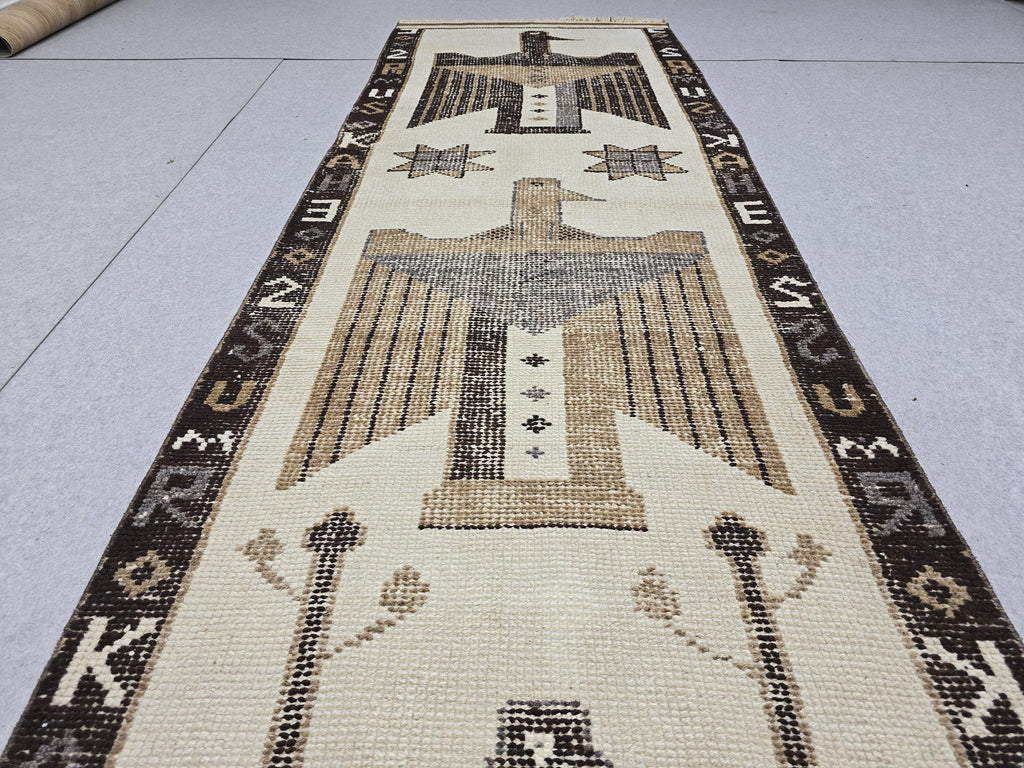 Anatolian Rug Runner 3x11, Ivory Camel Figural Bird Motif Wool Carpet, Vintage Hand Knotted Tribal Hallway Runner, Wool Herki Runner