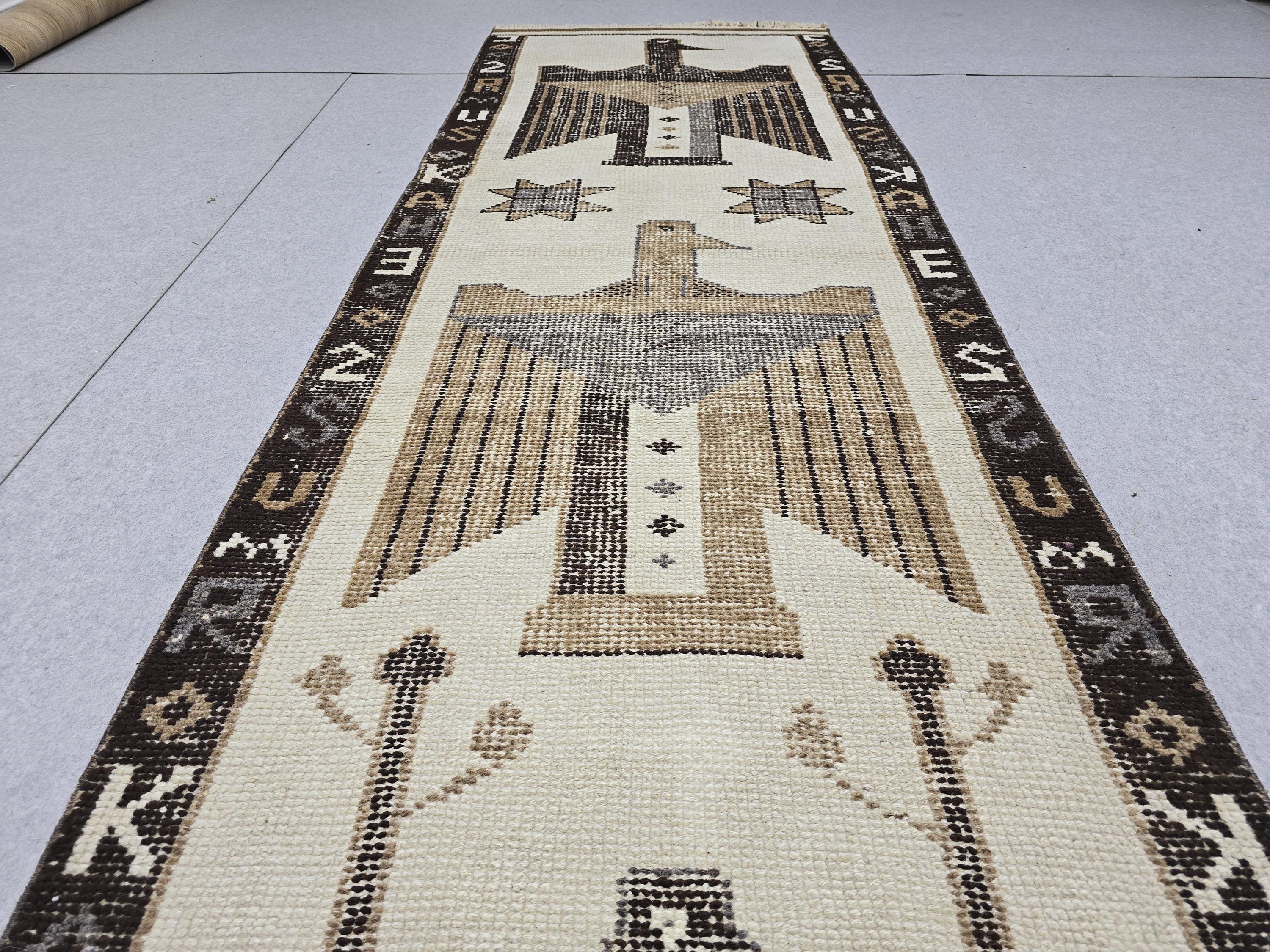 Anatolian Rug Runner 3x11, Ivory Camel Figural Bird Motif Wool Carpet, Vintage Hand Knotted Tribal Hallway Runner, Wool Herki Runner