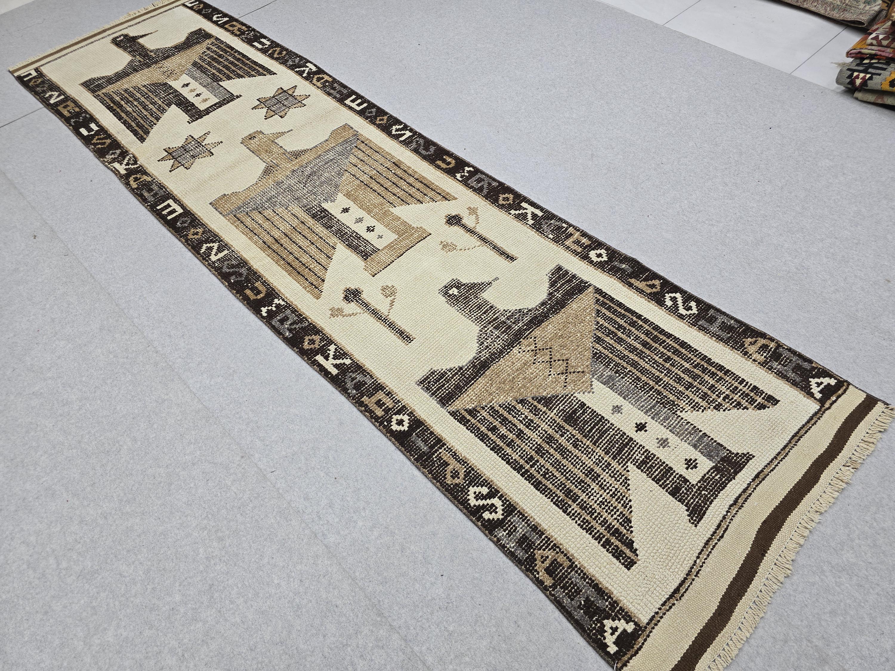 Anatolian Rug Runner 3x11, Ivory Camel Figural Bird Motif Wool Carpet, Vintage Hand Knotted Tribal Hallway Runner, Wool Herki Runner