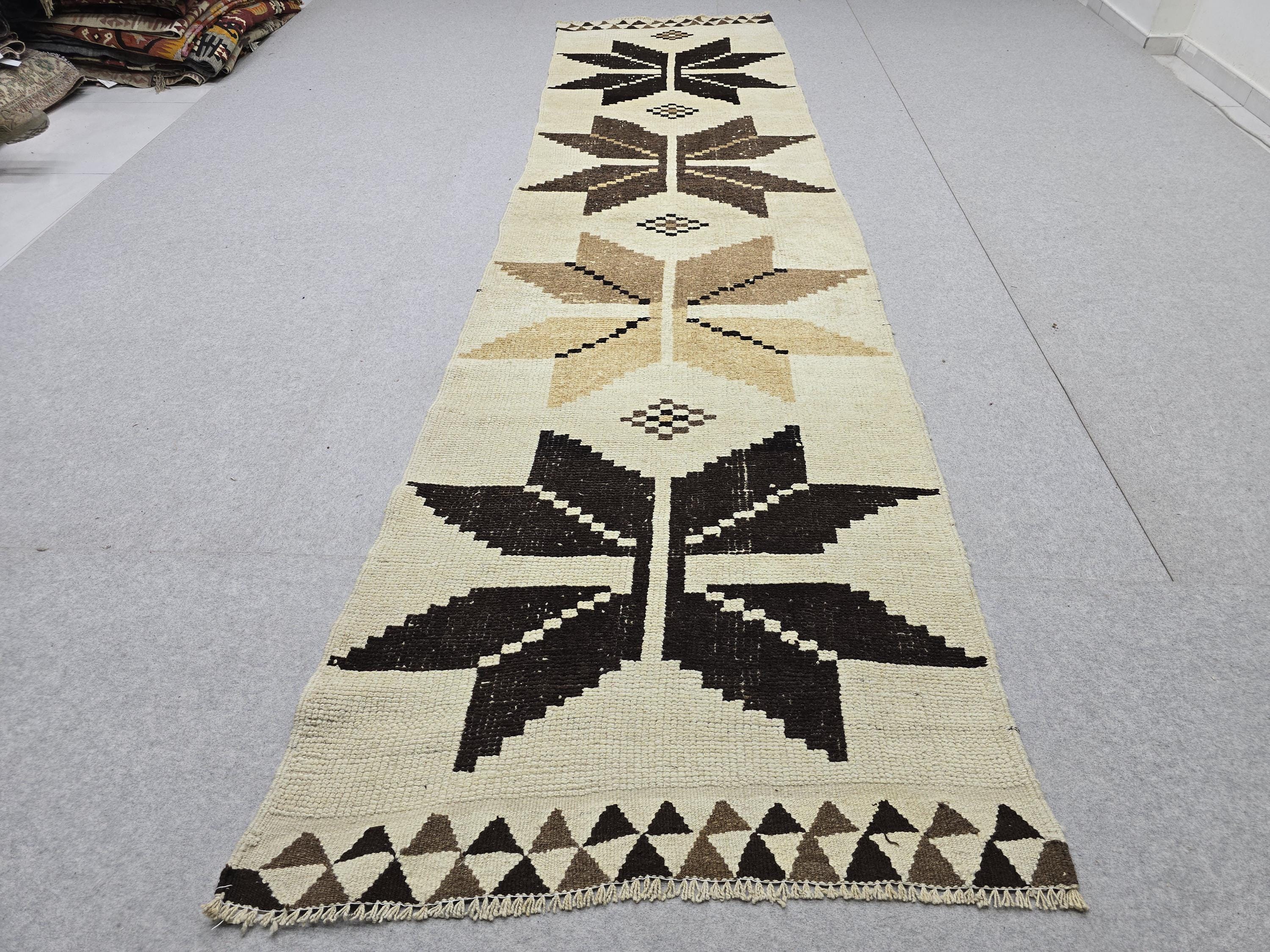 Turkish Runner Rug 3x12, Vintage Ivory Brown Hallway Runner, Tribal Star Geometric Wool Corridor Carpet, Boho Farmhouse Decor
