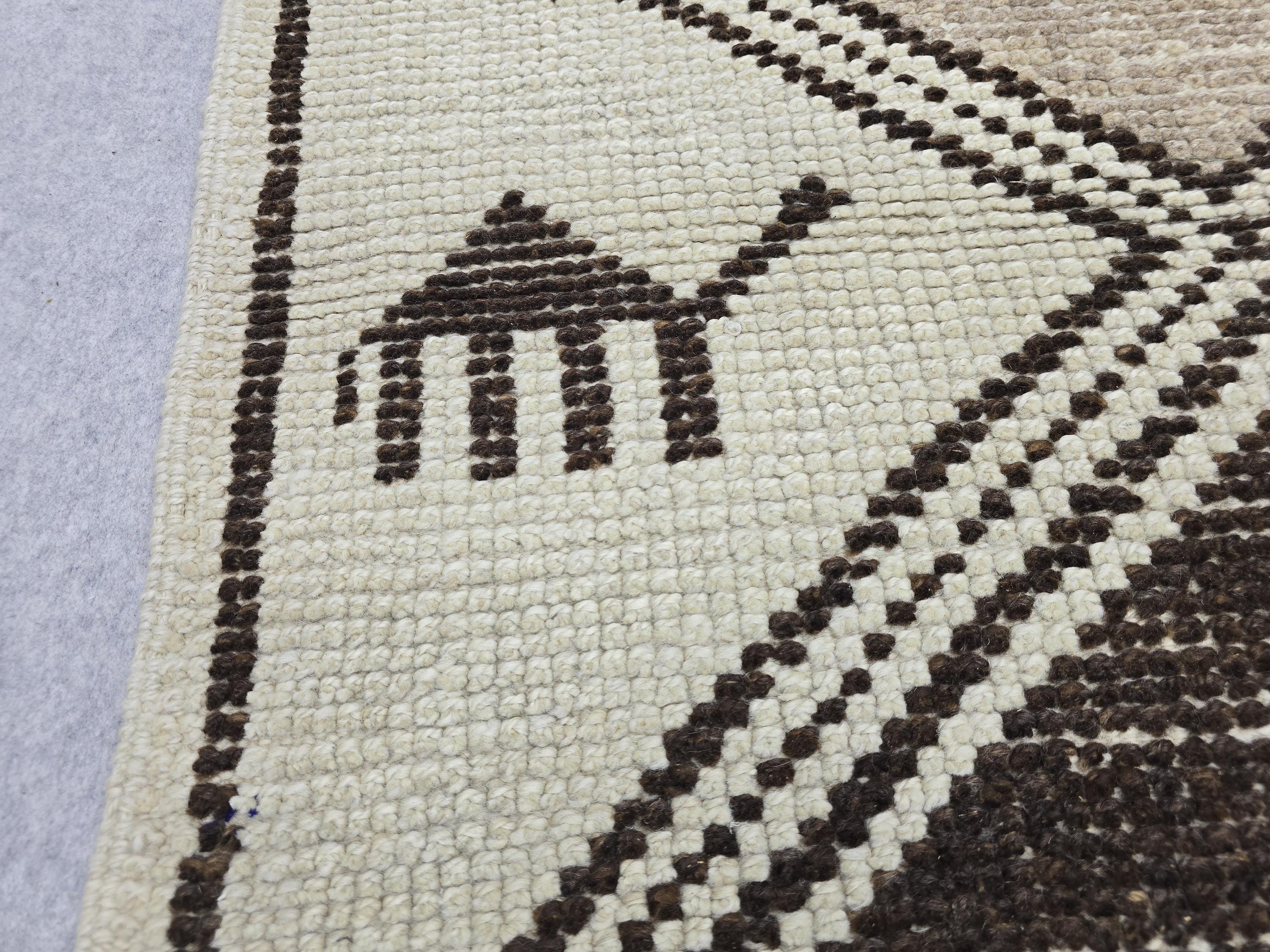 Vintage Runner Rug 3x13, Ivory Cream Diamond Tribal Hallway Carpet, Neutral Geometric Wool Long Runner, Boho Scandinavian Decor