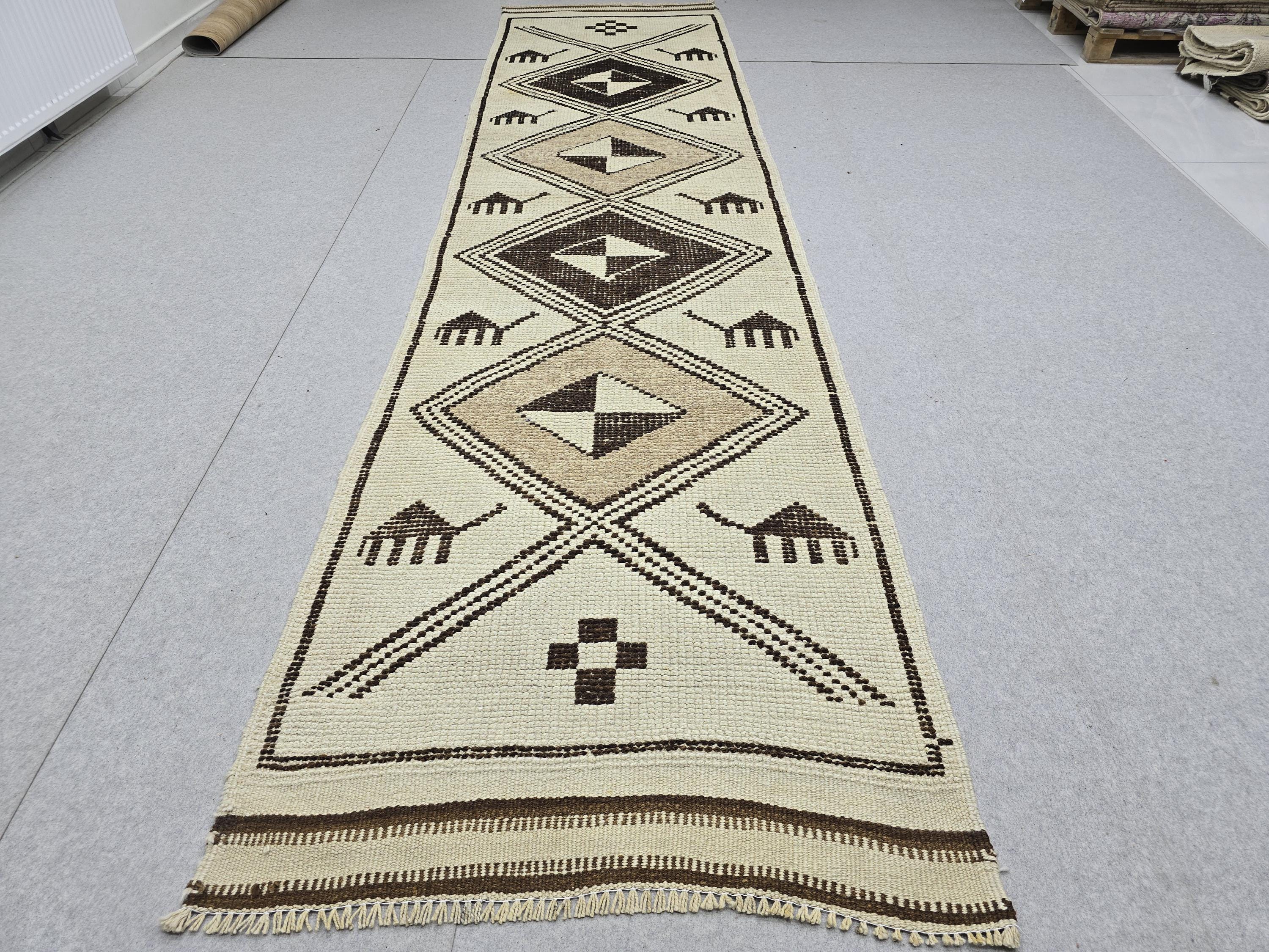 Vintage Runner Rug 3x13, Ivory Cream Diamond Tribal Hallway Carpet, Neutral Geometric Wool Long Runner, Boho Scandinavian Decor