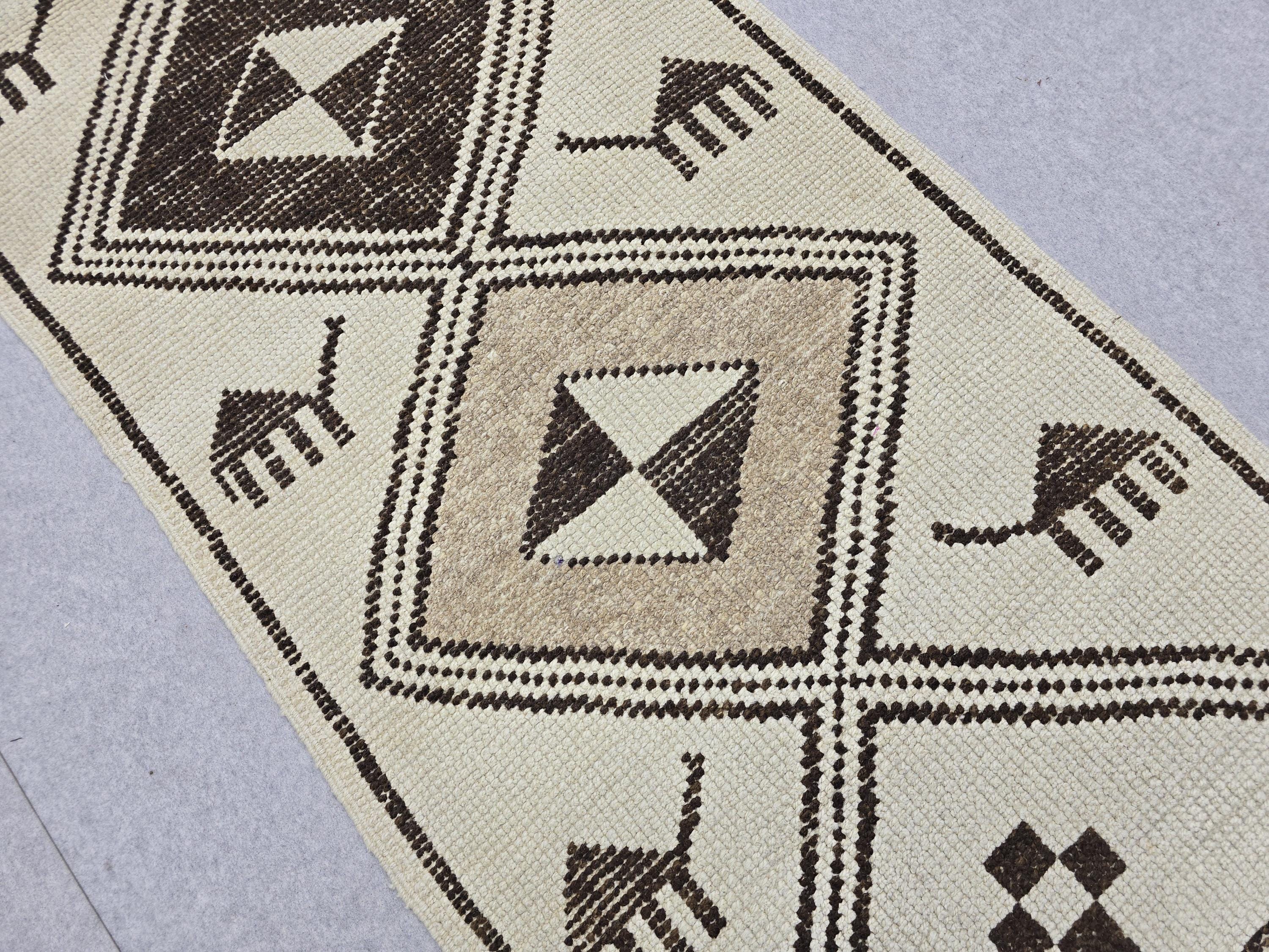Vintage Runner Rug 3x13, Ivory Cream Diamond Tribal Hallway Carpet, Neutral Geometric Wool Long Runner, Boho Scandinavian Decor