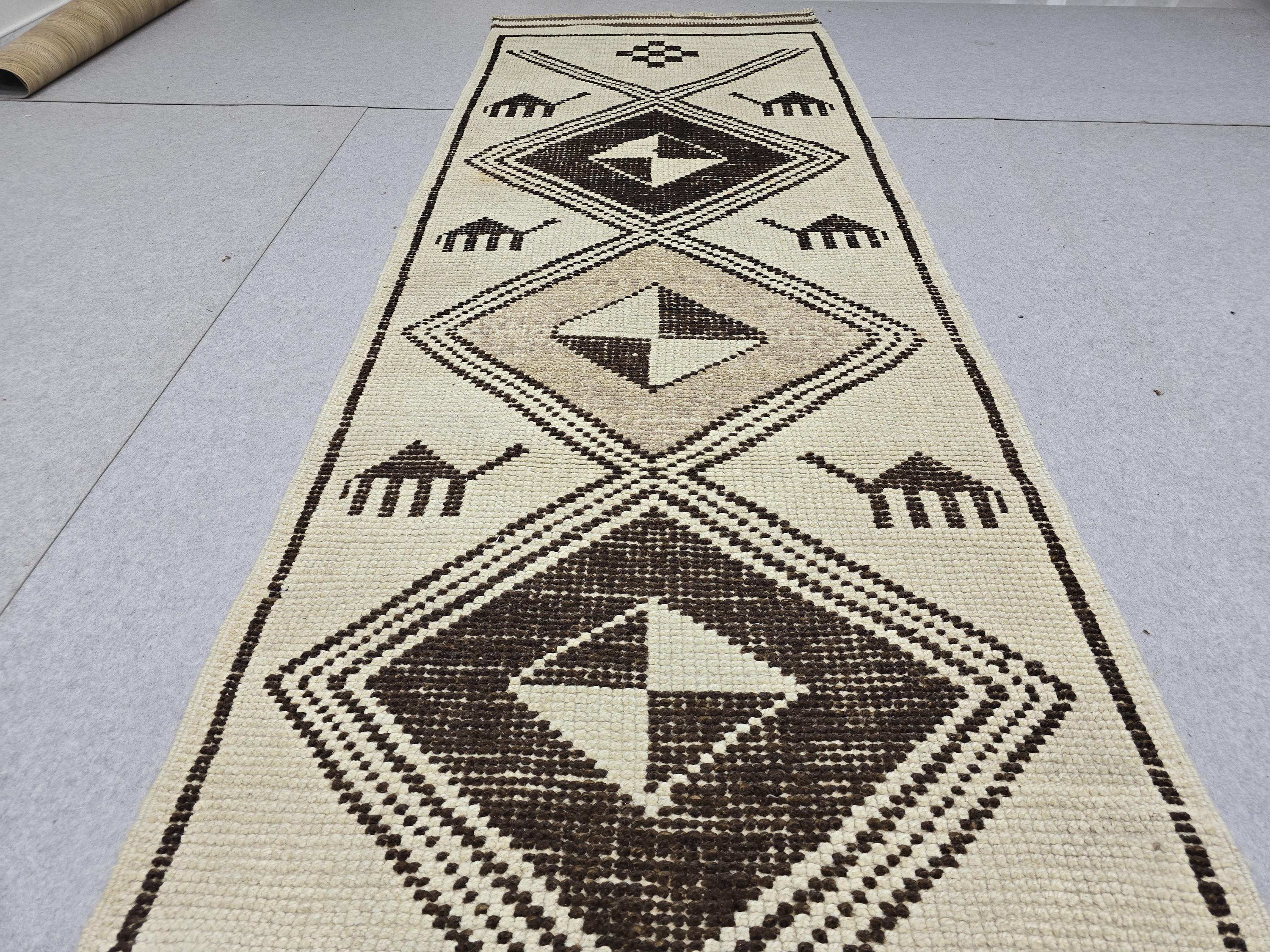 Vintage Runner Rug 3x13, Ivory Cream Diamond Tribal Hallway Carpet, Neutral Geometric Wool Long Runner, Boho Scandinavian Decor
