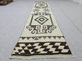 Vintage Rug Runner 2x11, Ivory Black Tribal Hand Knotted Wool Hallway Runner, Anatolian Geometric Boho Stair Runner