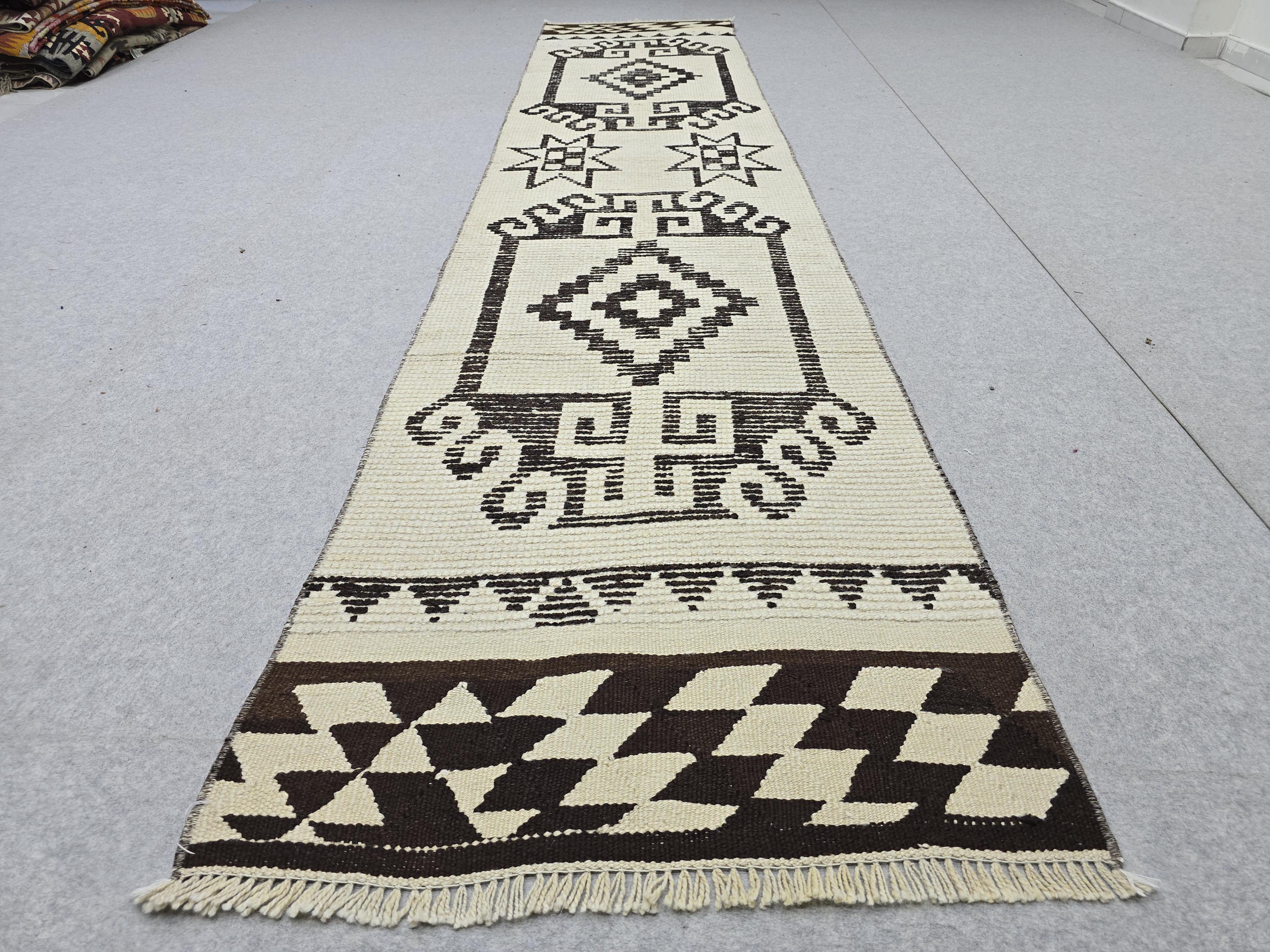 Vintage Rug Runner 2x11, Ivory Black Tribal Hand Knotted Wool Hallway Runner, Anatolian Geometric Boho Stair Runner