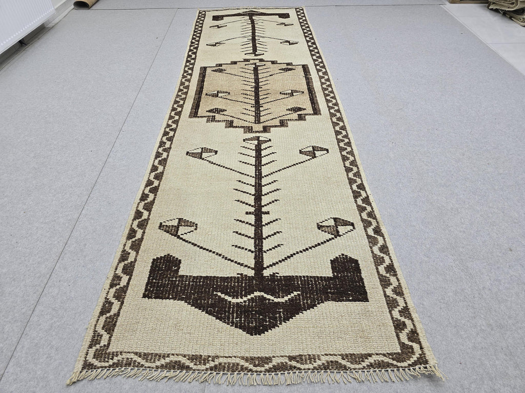Vintage Runner Rug 3x11, Narrow Herki Hallway Runner, Tribal Beige Brown Wool Rug, Farmhouse Staircase Carpet