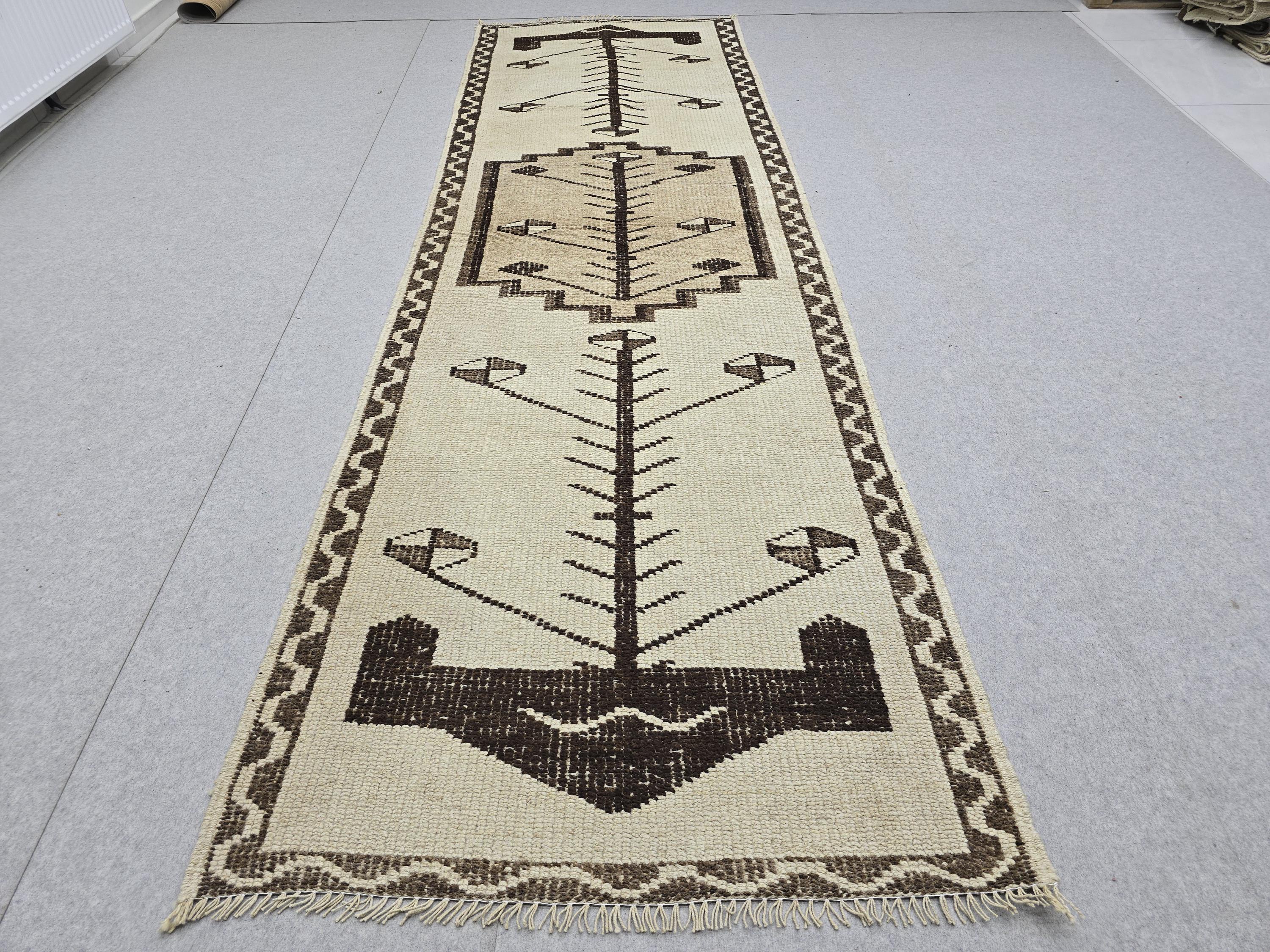 Vintage Runner Rug 3x11, Narrow Herki Hallway Runner, Tribal Beige Brown Wool Rug, Farmhouse Staircase Carpet