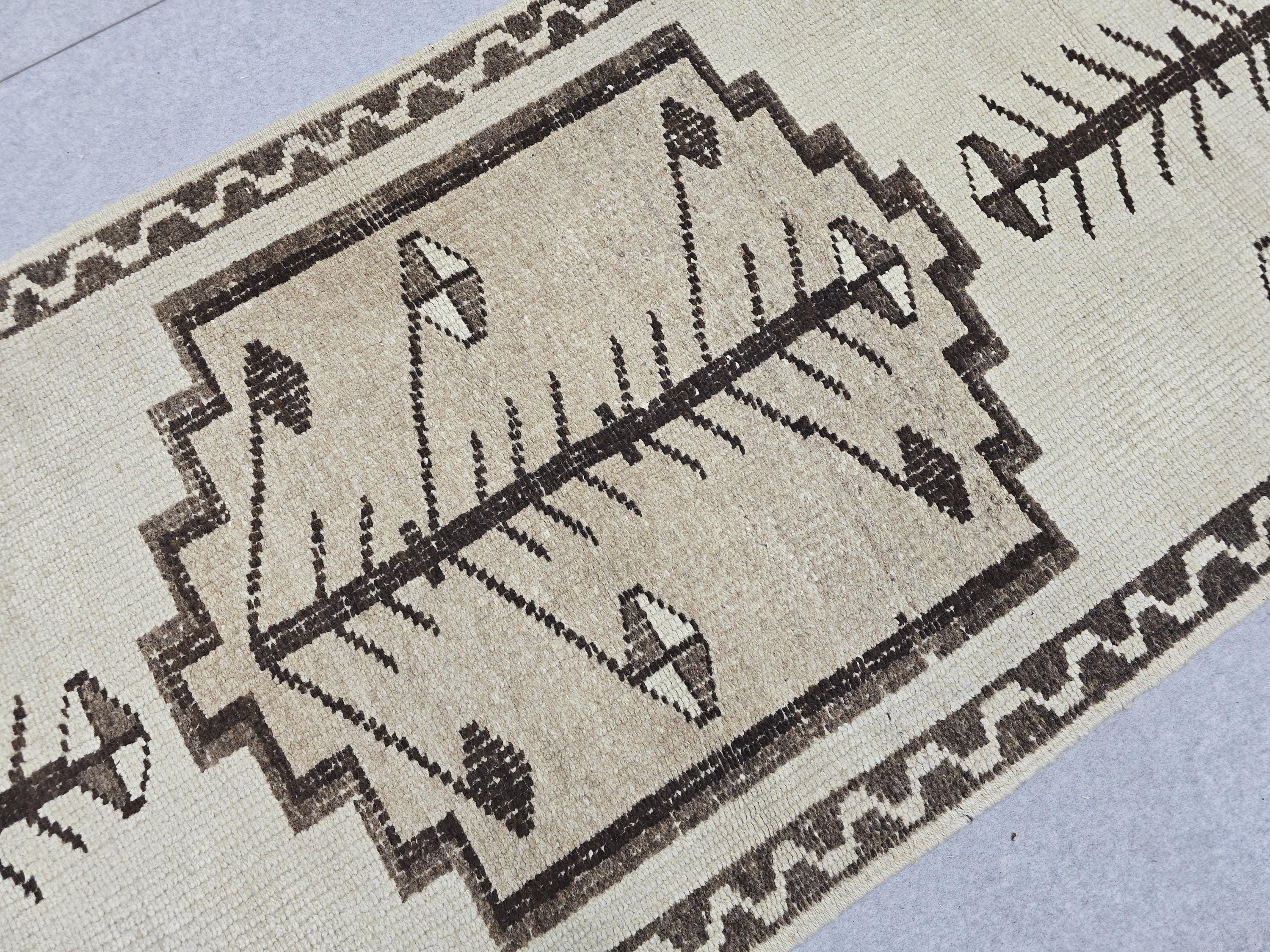 Vintage Runner Rug 3x11, Narrow Herki Hallway Runner, Tribal Beige Brown Wool Rug, Farmhouse Staircase Carpet