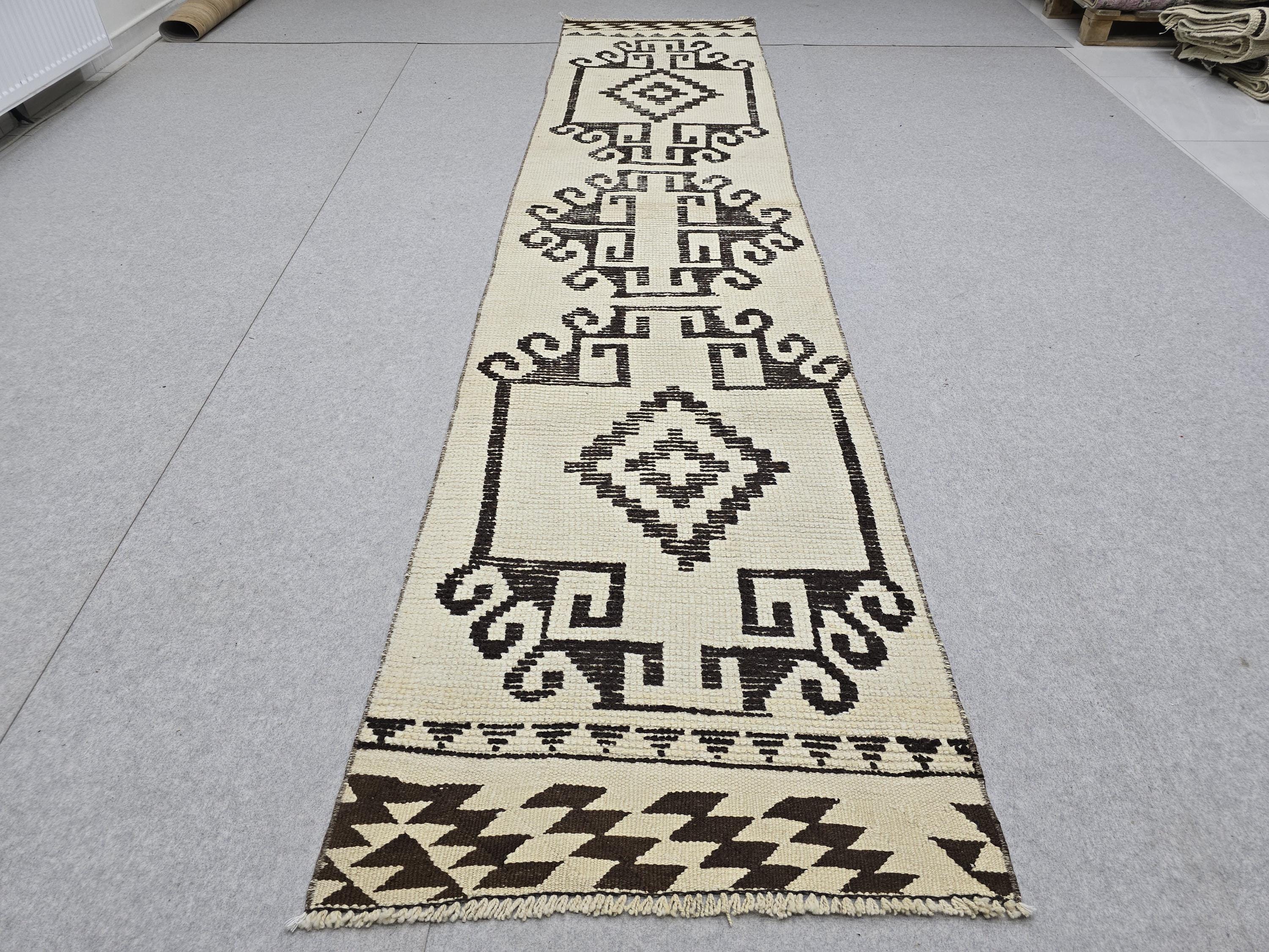 Oushak Runner Rug 3x12, Ivory Cream Brown Wool Hallway Runner, Vintage Anatolian Narrow Staircase Corridor Rug