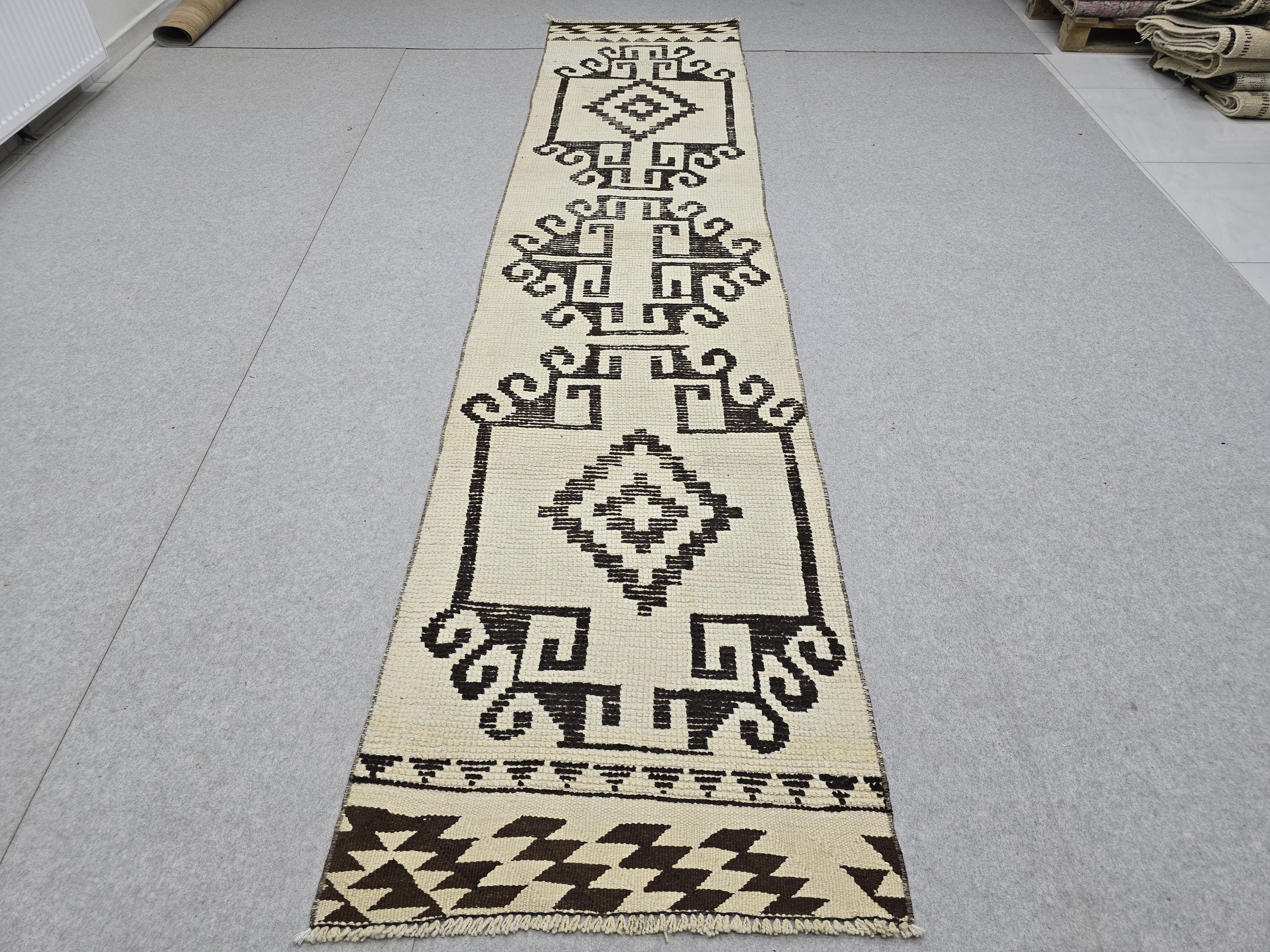 Oushak Runner Rug 3x12, Ivory Cream Brown Wool Hallway Runner, Vintage Anatolian Narrow Staircase Corridor Rug