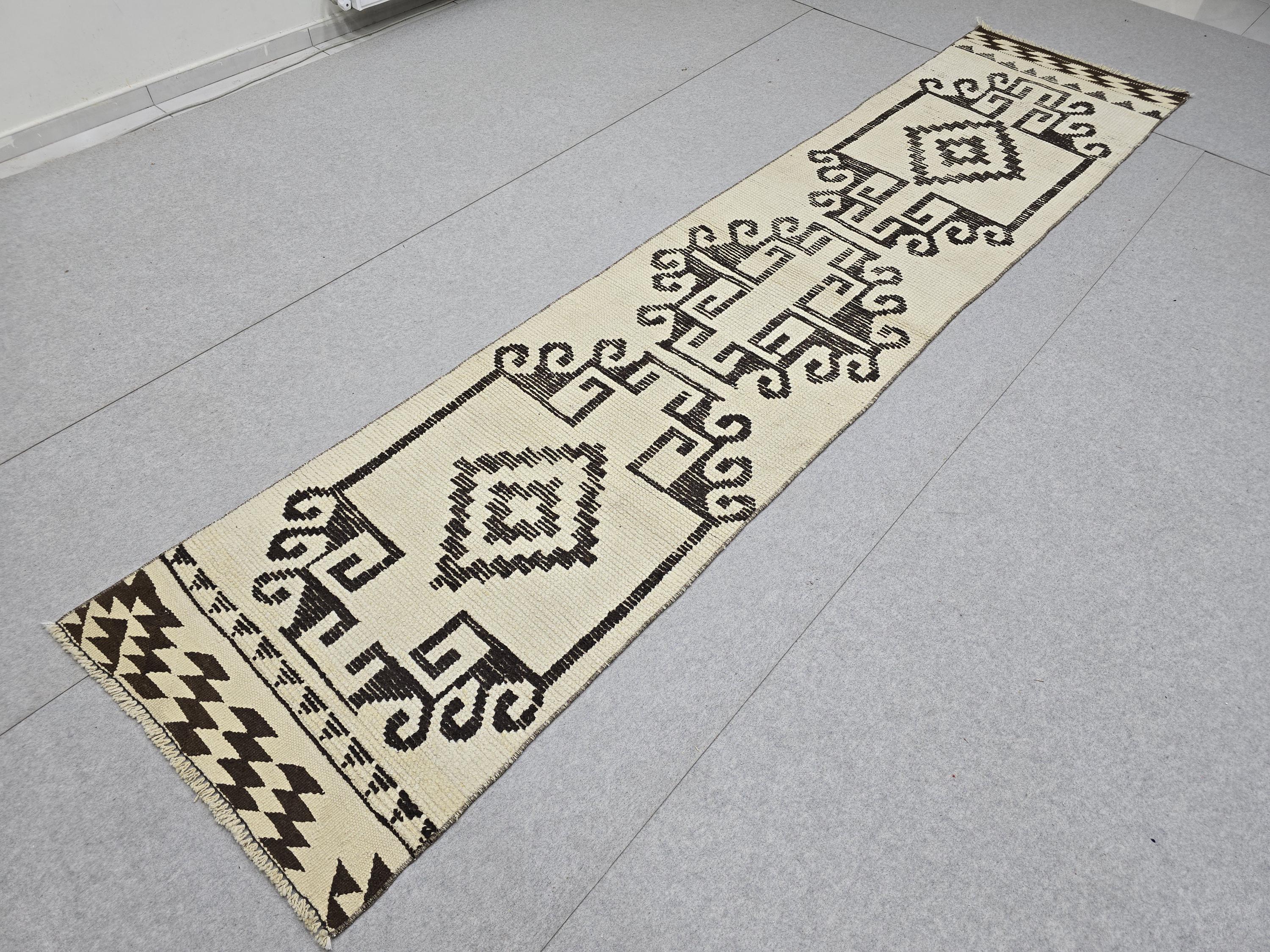 Oushak Runner Rug 3x12, Ivory Cream Brown Wool Hallway Runner, Vintage Anatolian Narrow Staircase Corridor Rug