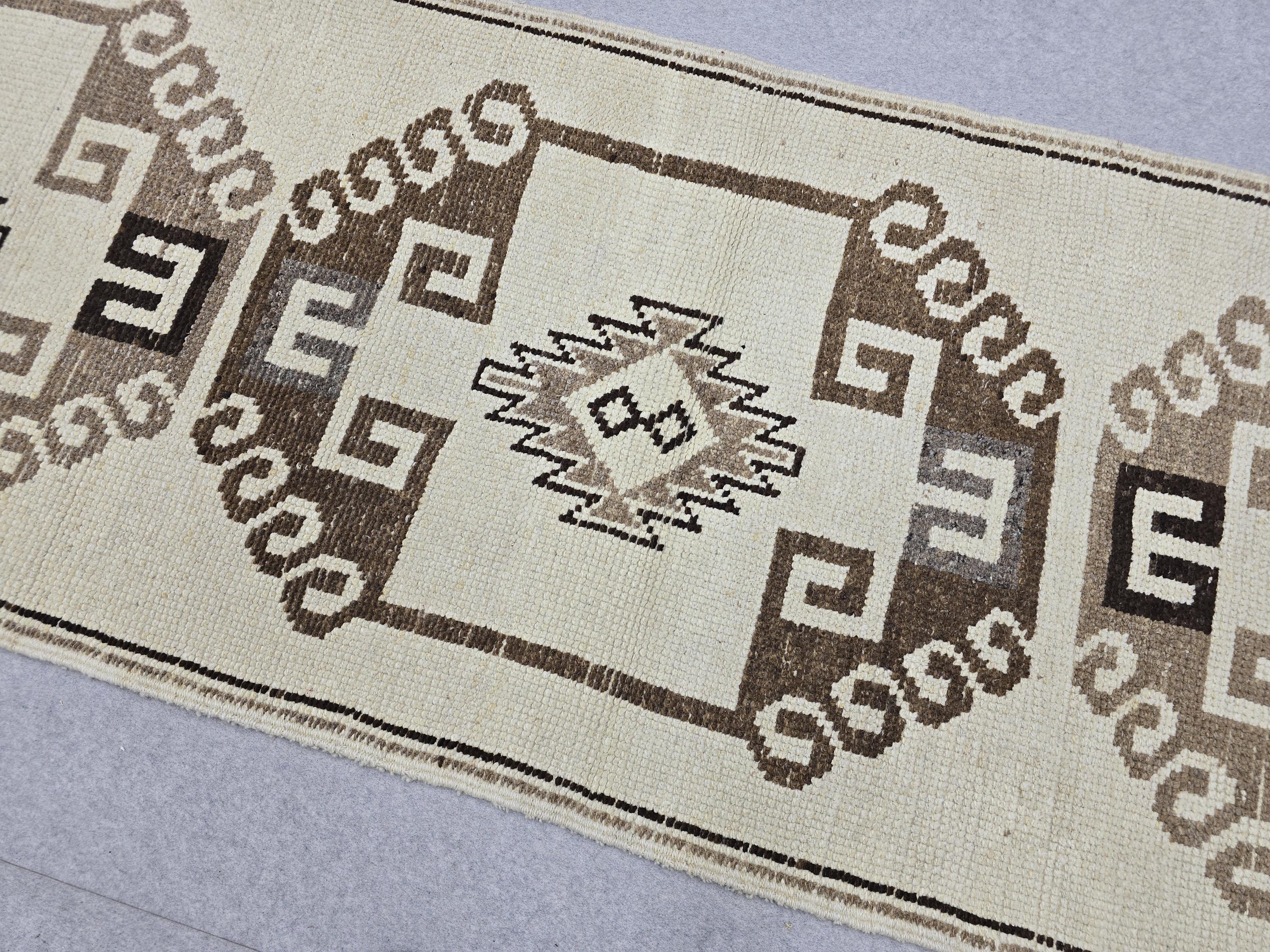 Neutral Runner Rug 3x12, Hand Knotted Vintage Wool Hallway Runner, Cream Brown Tribal Anatolian Medallion Rug, Boho Farmhouse Decor