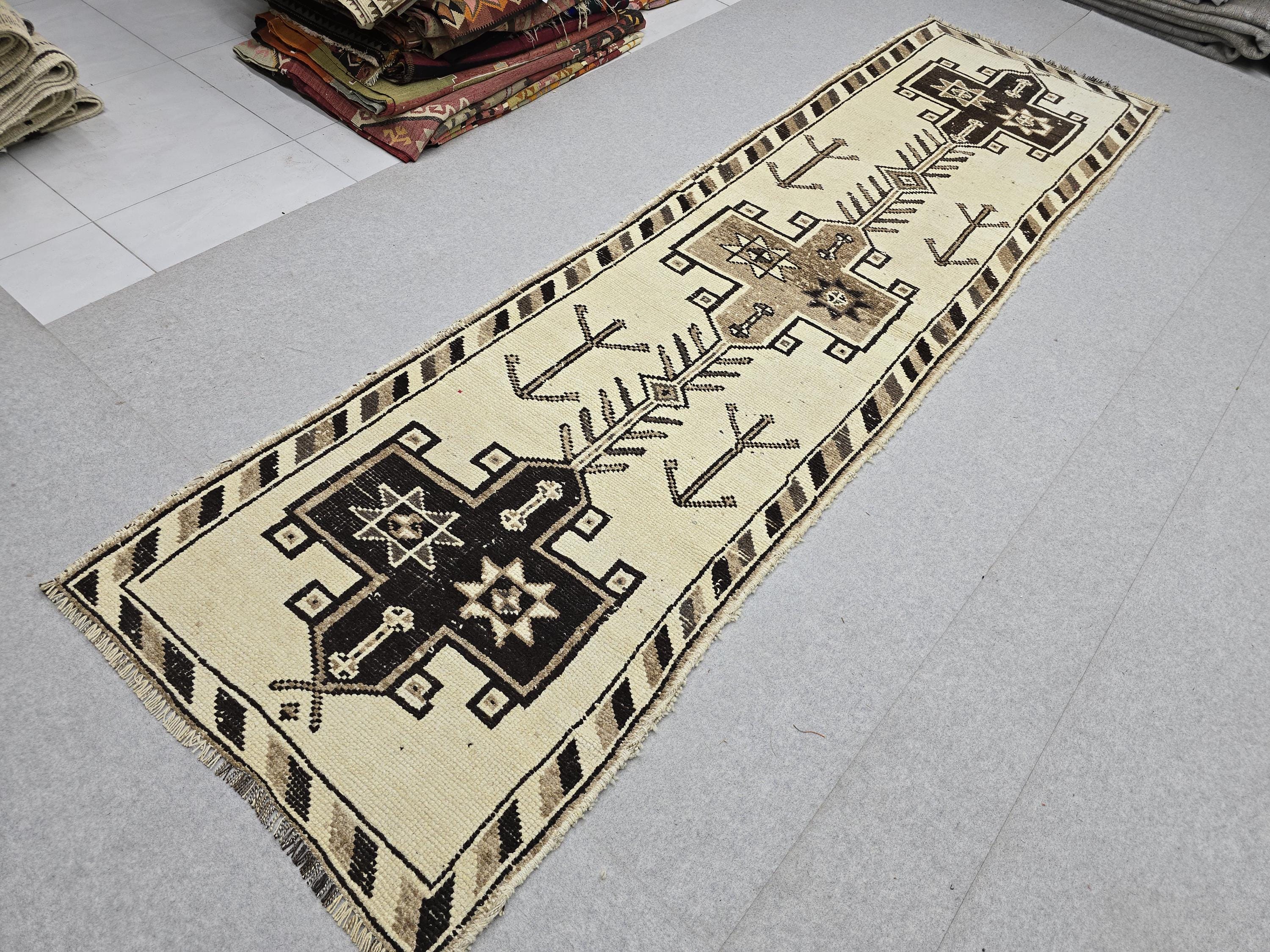 Vintage Rug 3x12 Long Runner, Cream Brown Tribal Anatolian Wool Hallway Runner, Hand Knotted Tree of Life Stair Runner Boho Decor