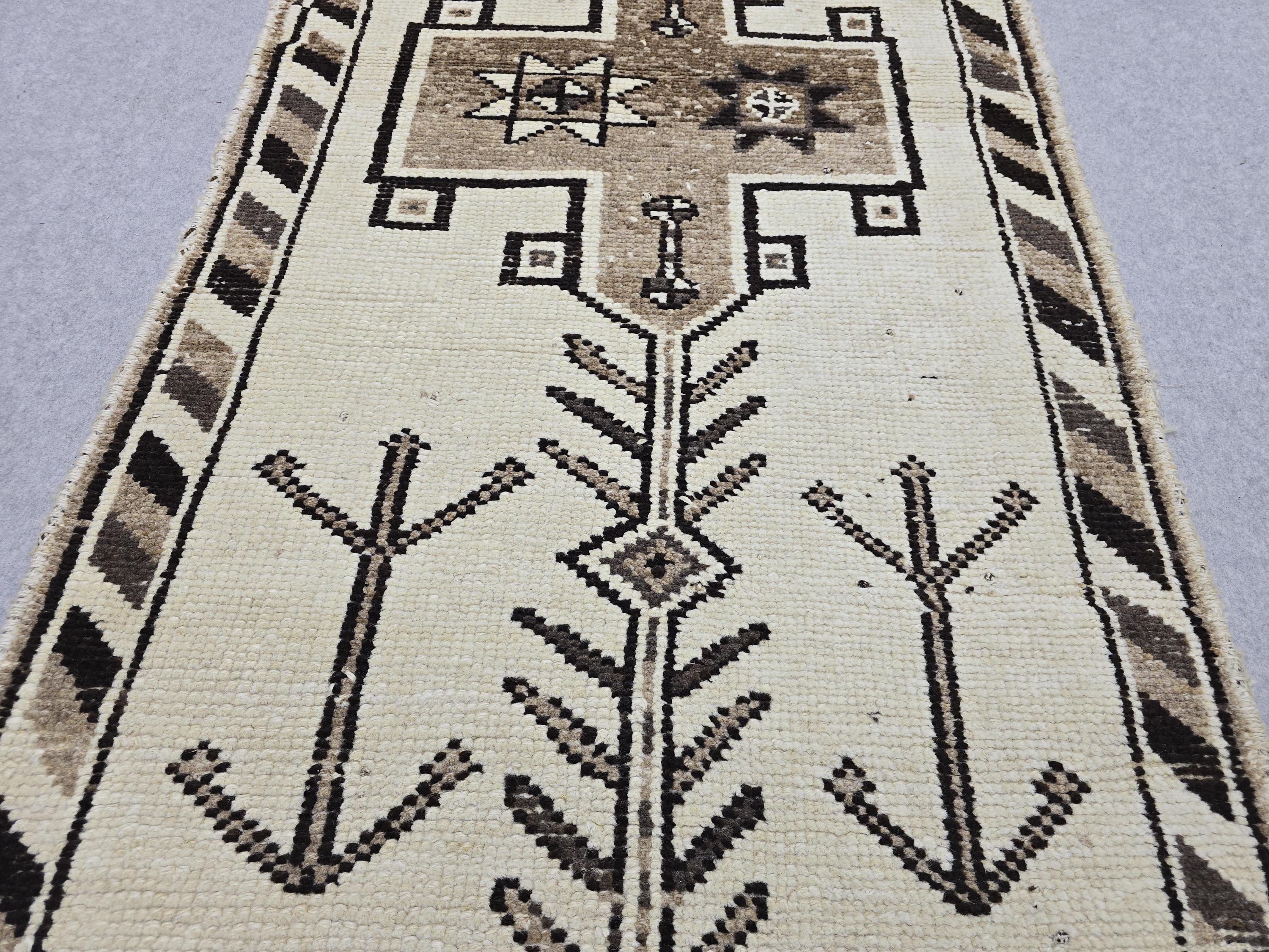 Vintage Rug 3x12 Long Runner, Cream Brown Tribal Anatolian Wool Hallway Runner, Hand Knotted Tree of Life Stair Runner Boho Decor
