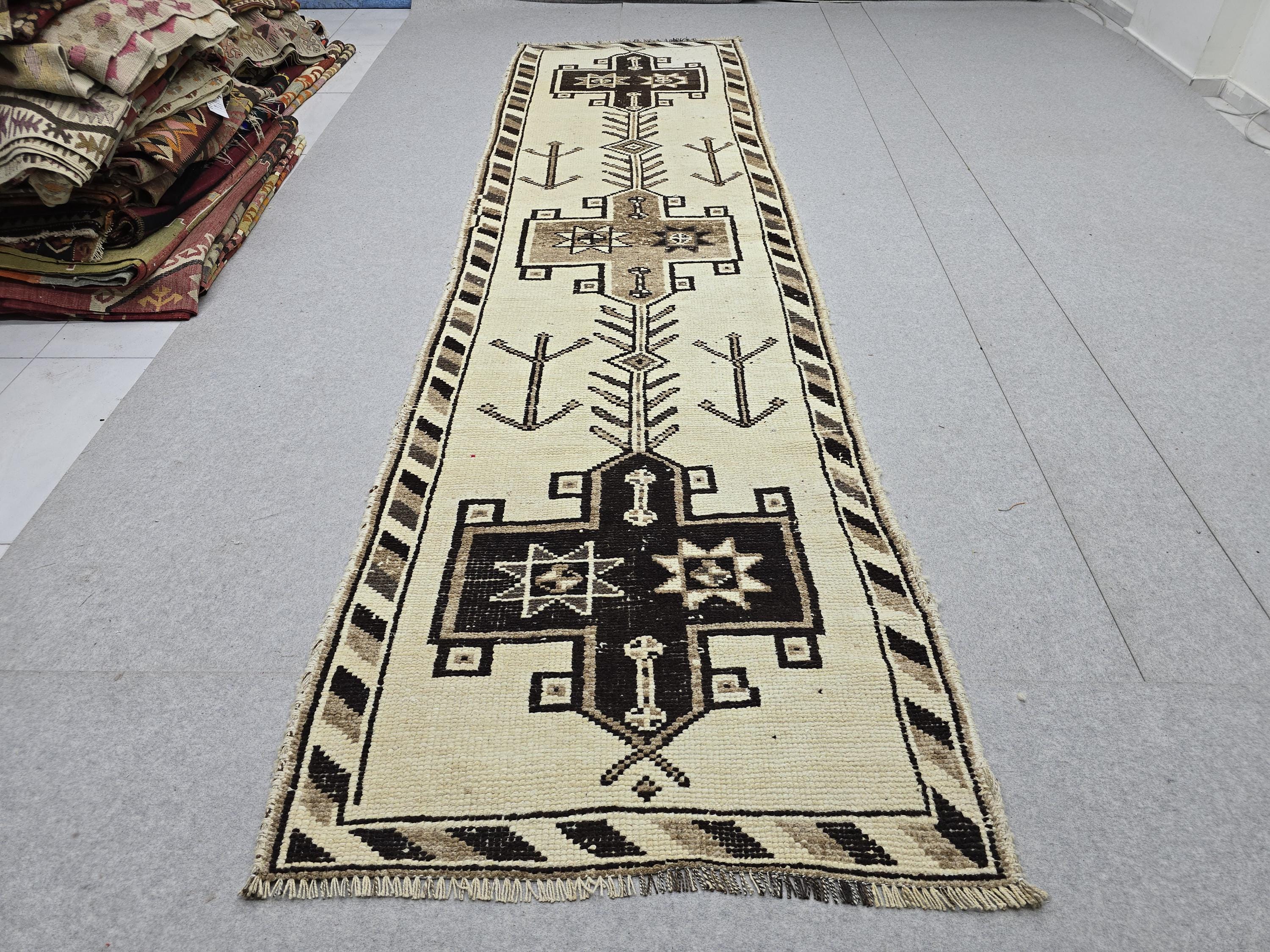 Vintage Rug 3x12 Long Runner, Cream Brown Tribal Anatolian Wool Hallway Runner, Hand Knotted Tree of Life Stair Runner Boho Decor