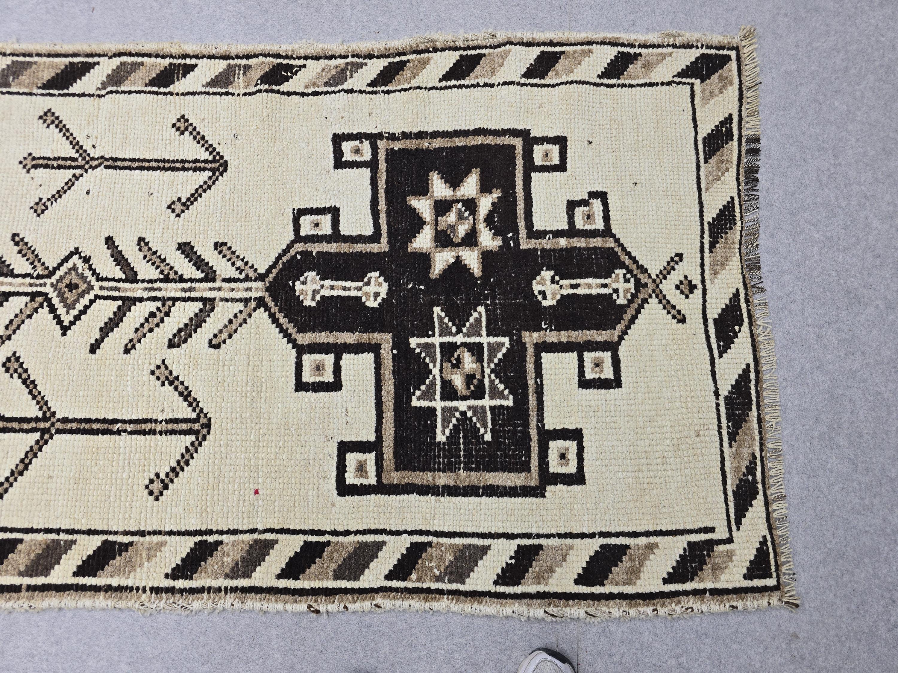 Vintage Rug 3x12 Long Runner, Cream Brown Tribal Anatolian Wool Hallway Runner, Hand Knotted Tree of Life Stair Runner Boho Decor