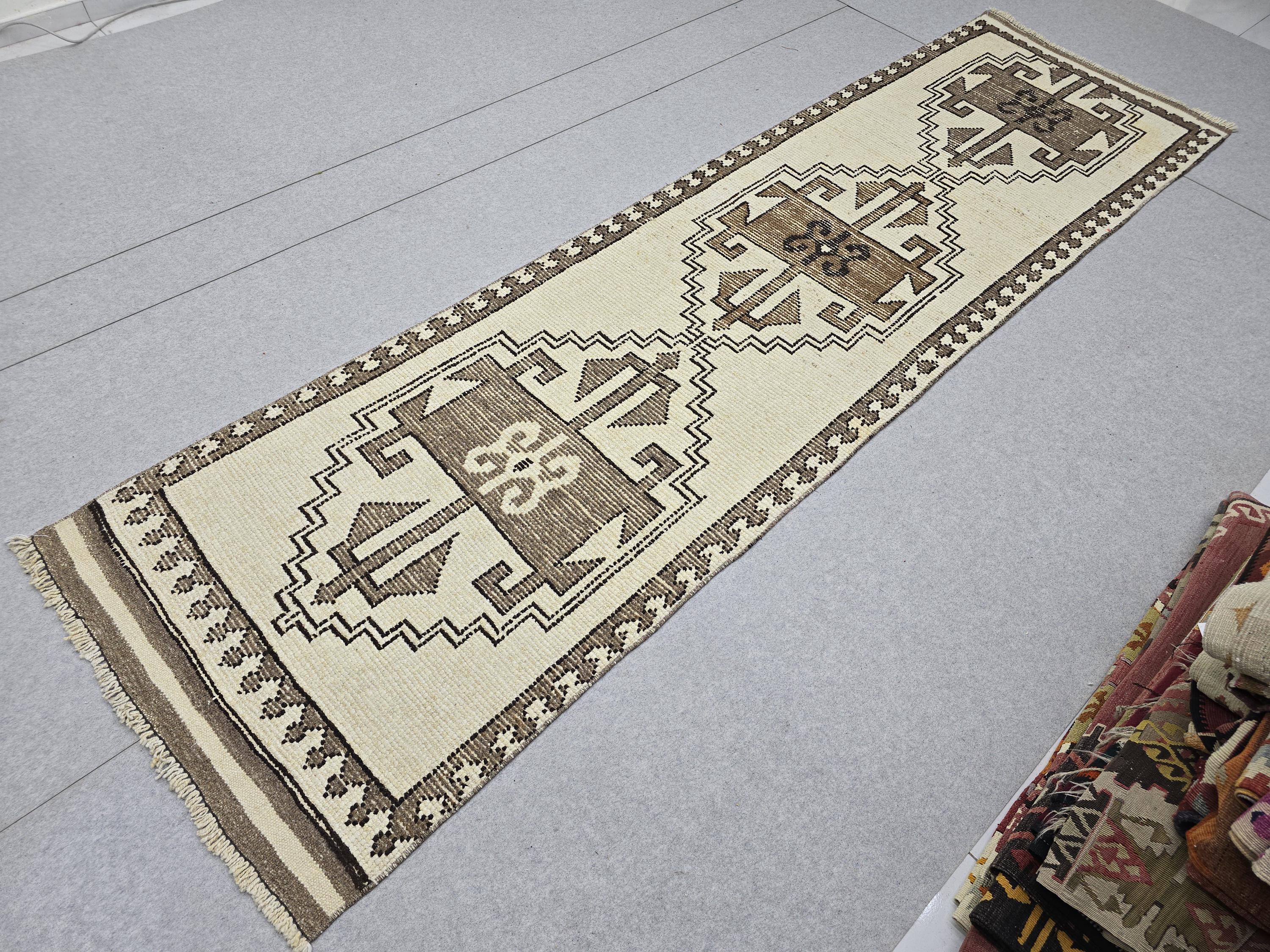 Wool Turkish Runner, Hand-Knotted Cream Brown Boho Hallway Rug