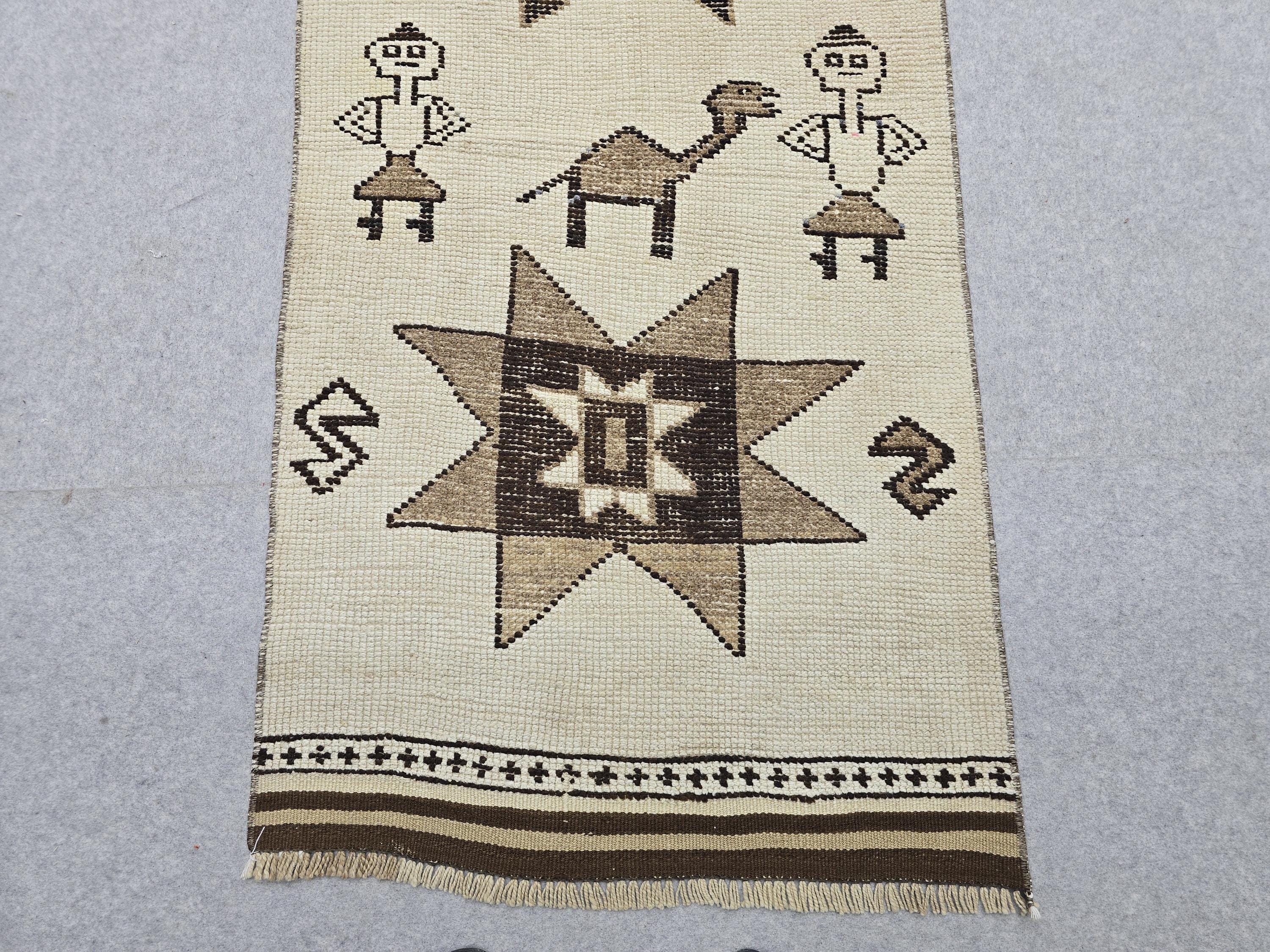 3x13 Vintage Runner Rug, Ivory Cream Diamond Tribal Hallway Carpet, Neutral Geometric Wool Long Runner, Boho Scandinavian Decor Animal Rug