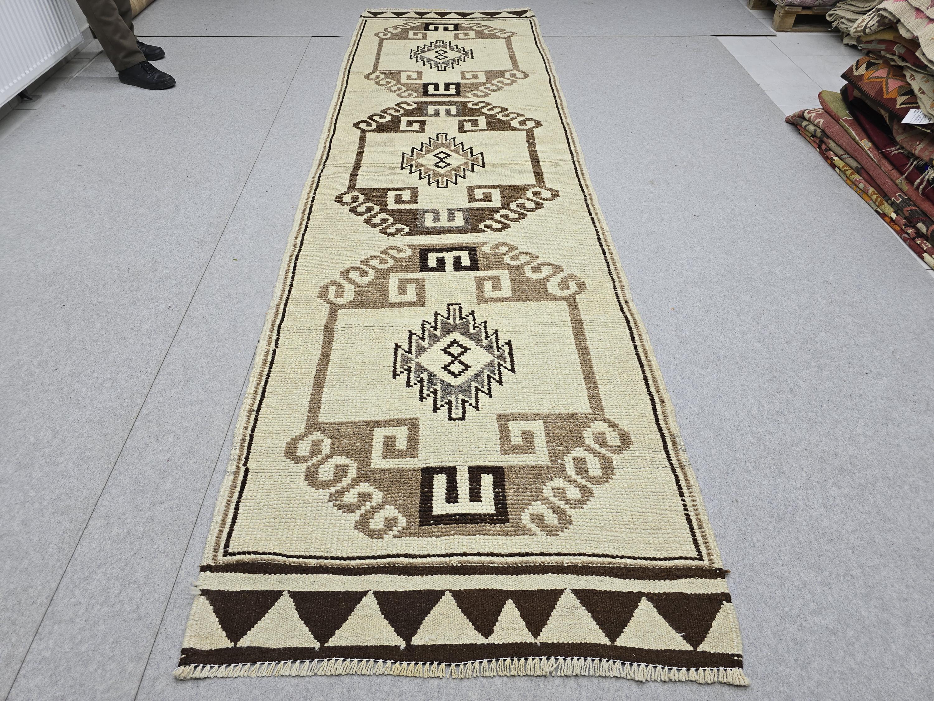Neutral Runner Rug 3x12, Hand Knotted Vintage Wool Hallway Runner, Cream Brown Tribal Anatolian Medallion Rug, Boho Farmhouse Decor