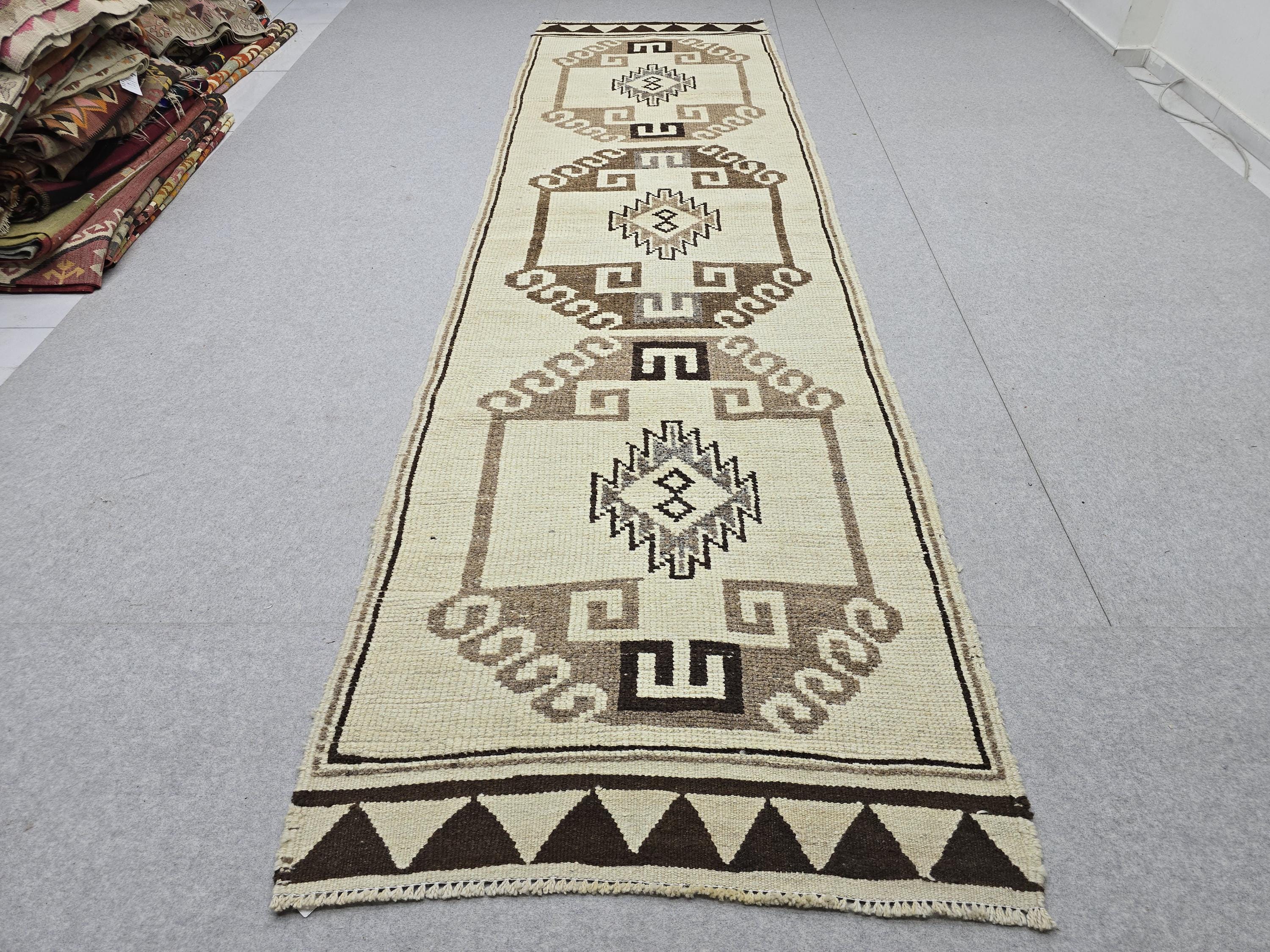Neutral Runner Rug 3x12, Hand Knotted Vintage Wool Hallway Runner, Cream Brown Tribal Anatolian Medallion Rug, Boho Farmhouse Decor