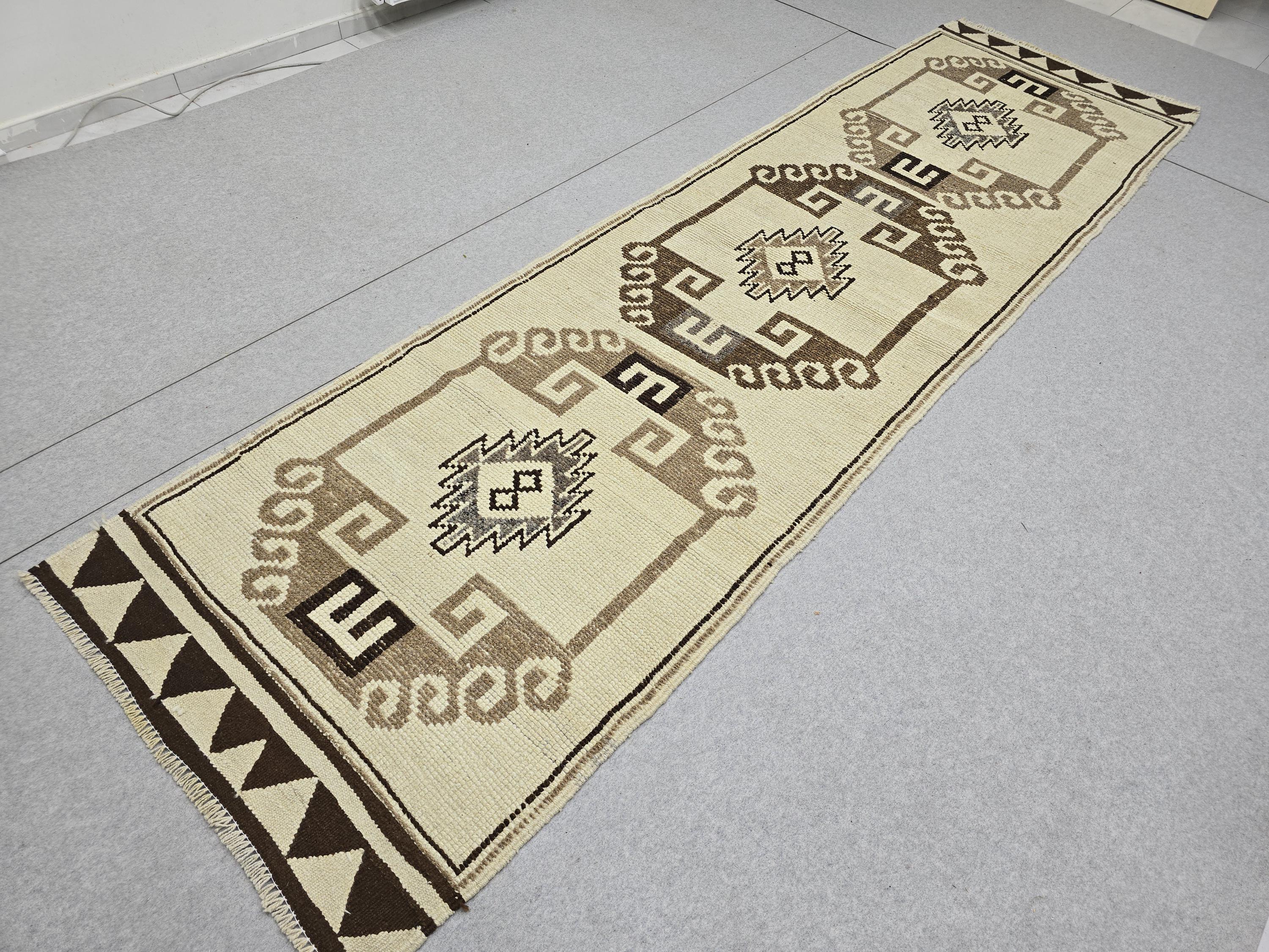 Neutral Runner Rug 3x12, Hand Knotted Vintage Wool Hallway Runner, Cream Brown Tribal Anatolian Medallion Rug, Boho Farmhouse Decor
