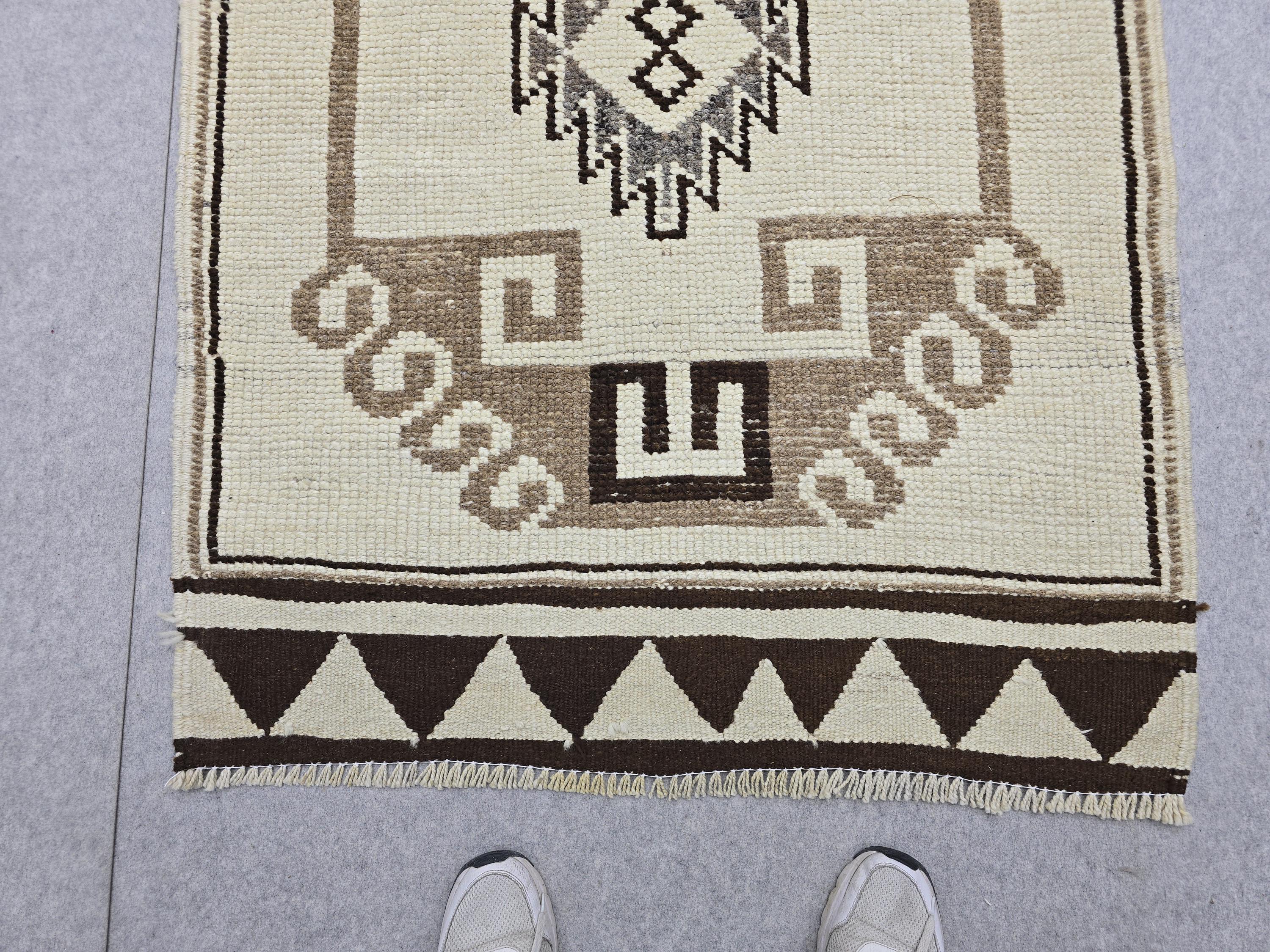Neutral Runner Rug 3x12, Hand Knotted Vintage Wool Hallway Runner, Cream Brown Tribal Anatolian Medallion Rug, Boho Farmhouse Decor
