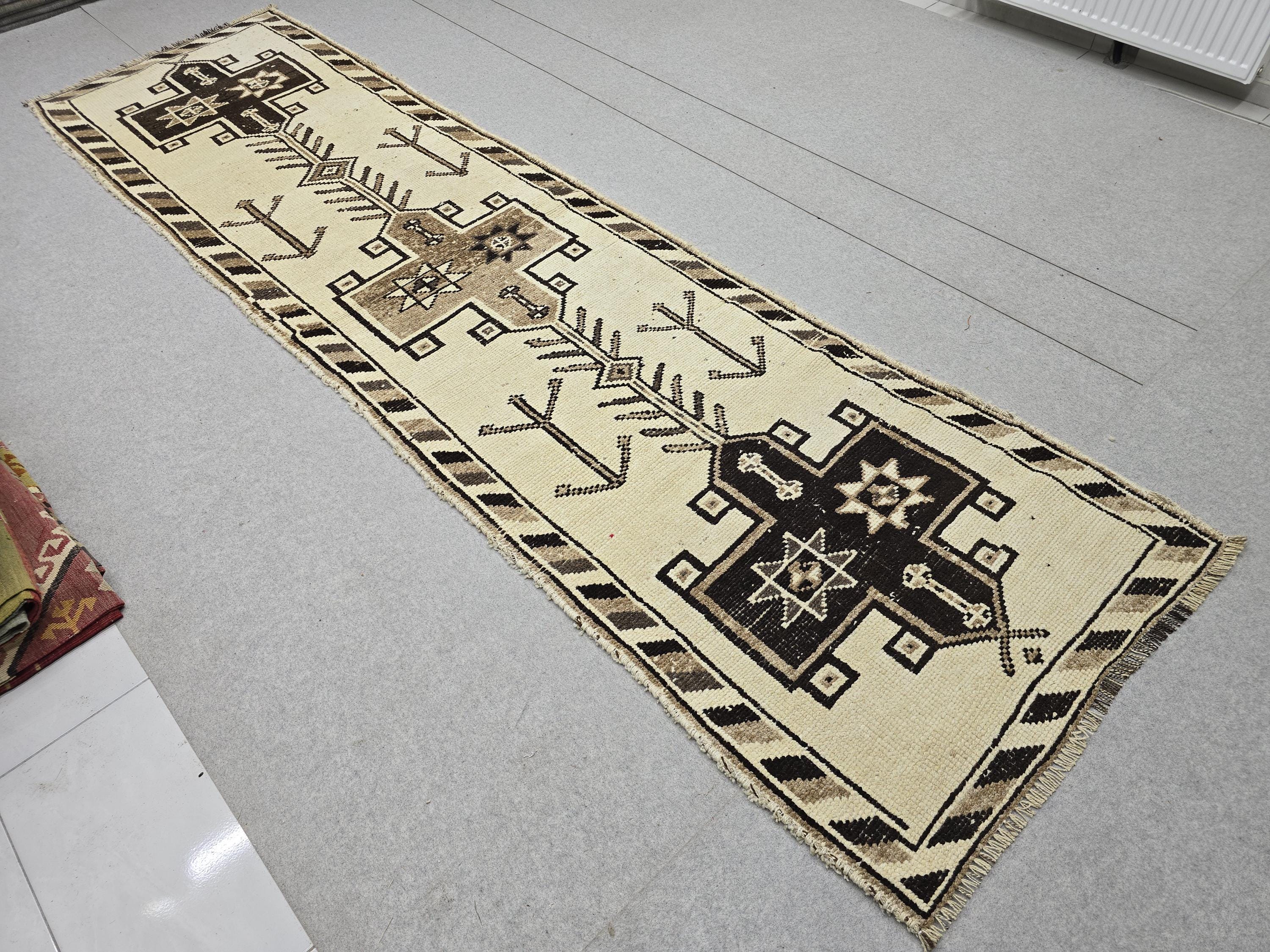 Vintage Rug 3x12 Long Runner, Cream Brown Tribal Anatolian Wool Hallway Runner, Hand Knotted Tree of Life Stair Runner Boho Decor