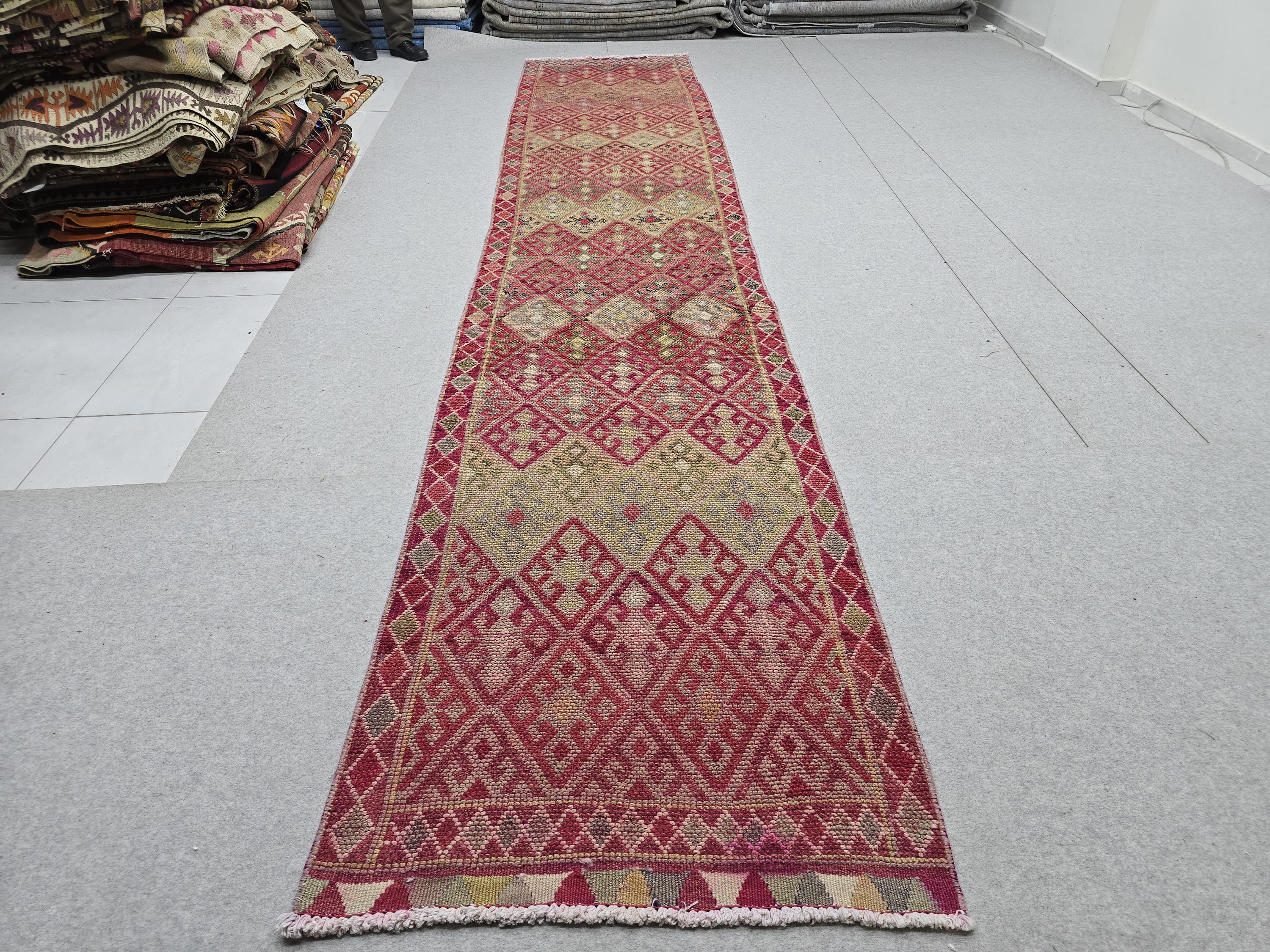3x14 Vintage Oushak Runner Rug: Hand-Knotted Wool Turkish runner rug for Kitchen and Stairs - Long Hallway runner (2.75x14.4 ft)